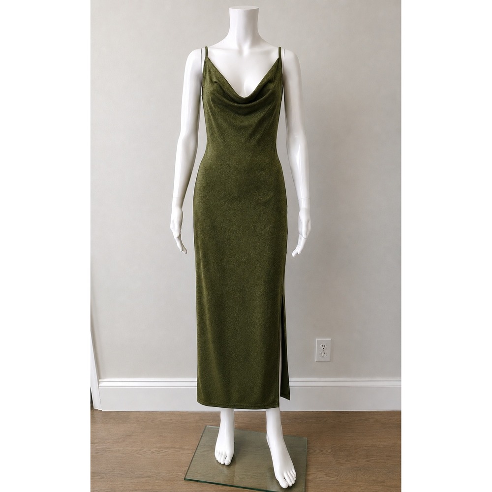 SHEIN Olive Green Cowl Neck Midi Slip Dress Side Slit Spaghetti Strap